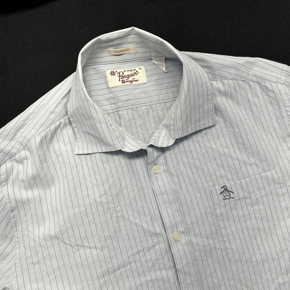 Penguin Long Sleeve Button Up Shirt Mens XL Blue Stripes Classic