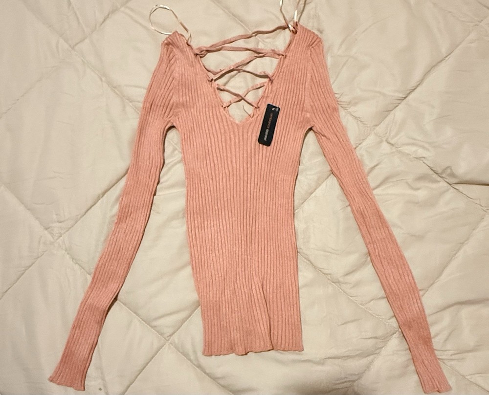 Ambiance Apparel Ribbed Knit Lace-Up V-Neck Top Pink Stretch Long Sleeve S