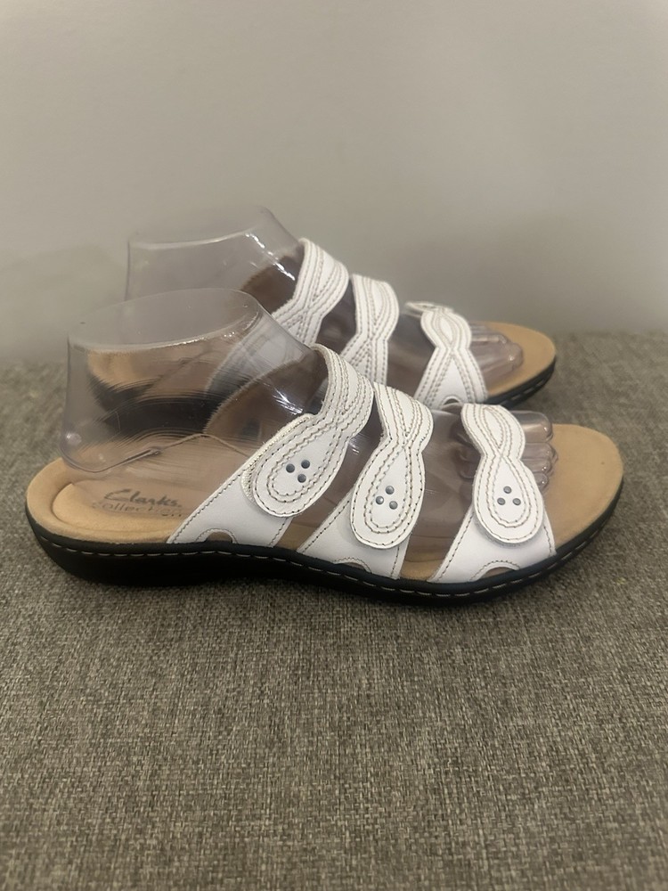 Clark’s Women’s White Leather Slip On Slide Sandals Size 8.5