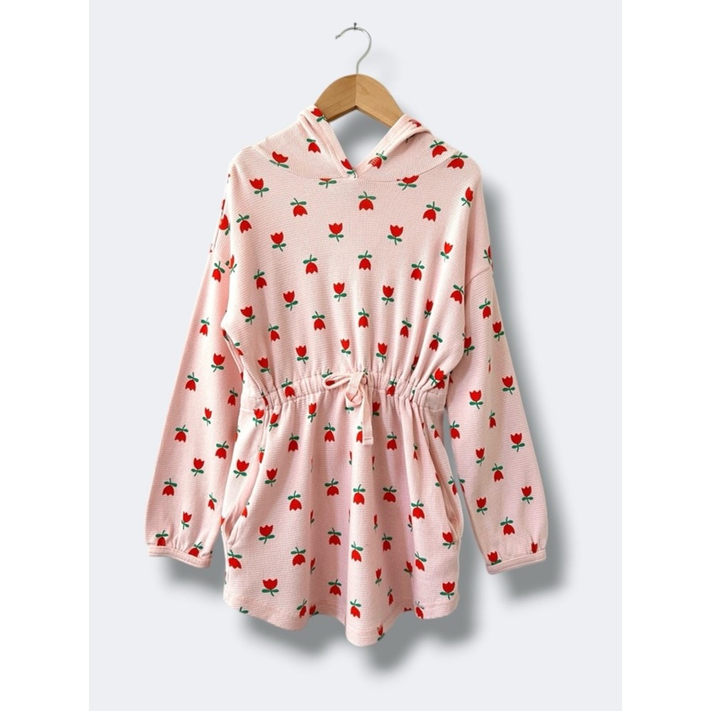 Hanna Andersson Hoodie Dress Girls 6-7 Pink Red Tulip Print Waffle Knit Cotton