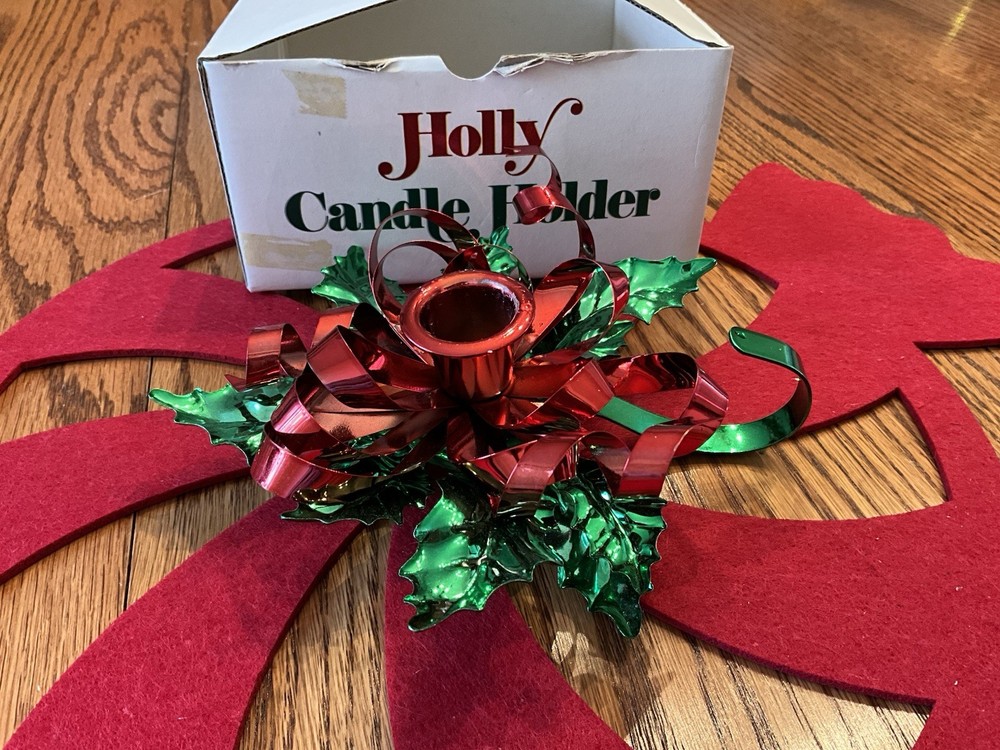 Vintage Christmas Department 56 Metal Holly Ribbon Candle Holder Used