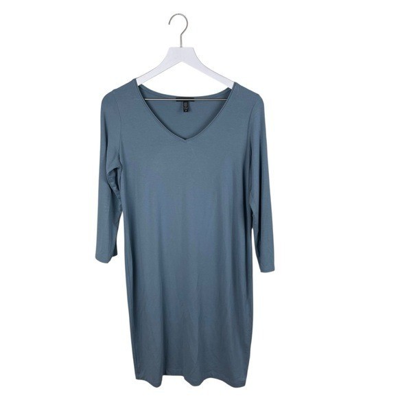 Eileen Fisher Jersey V-Neck Dress Women's Size Small Slate Blue Viscose Spandex