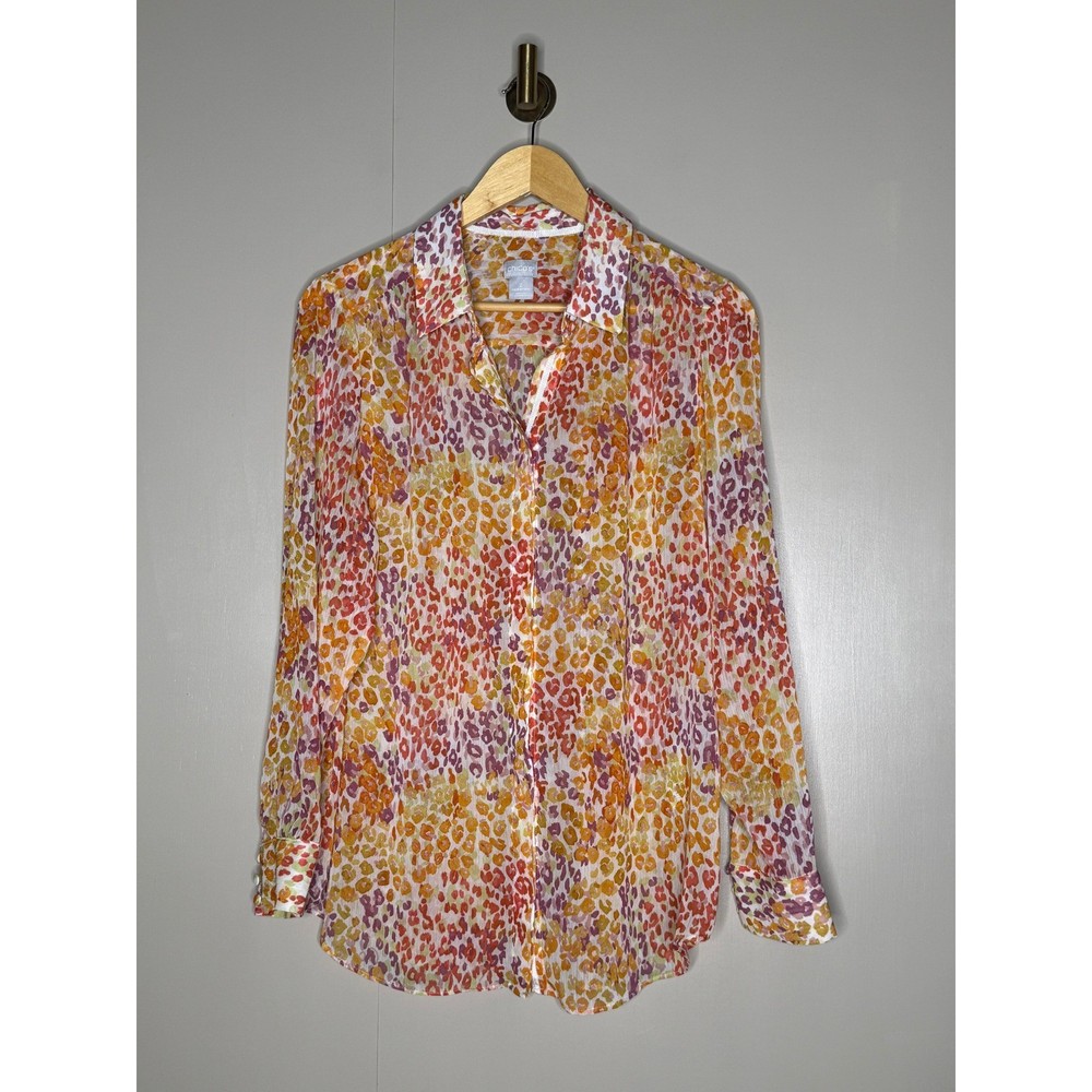 Chicos Button Down Blouse Size 2 Large Orange Purple Abstract Animal Print Top