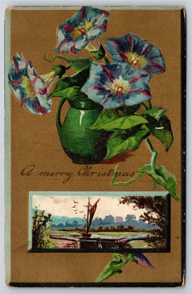 Holiday~Blue Flowers Sailboat & Christmas Greeting~Vintage Postcard