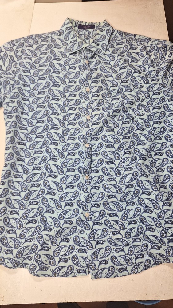 Alan Flusser Shirt Mens L  Paisley  Boho Bohemian Button Down Short Sleeve Blue