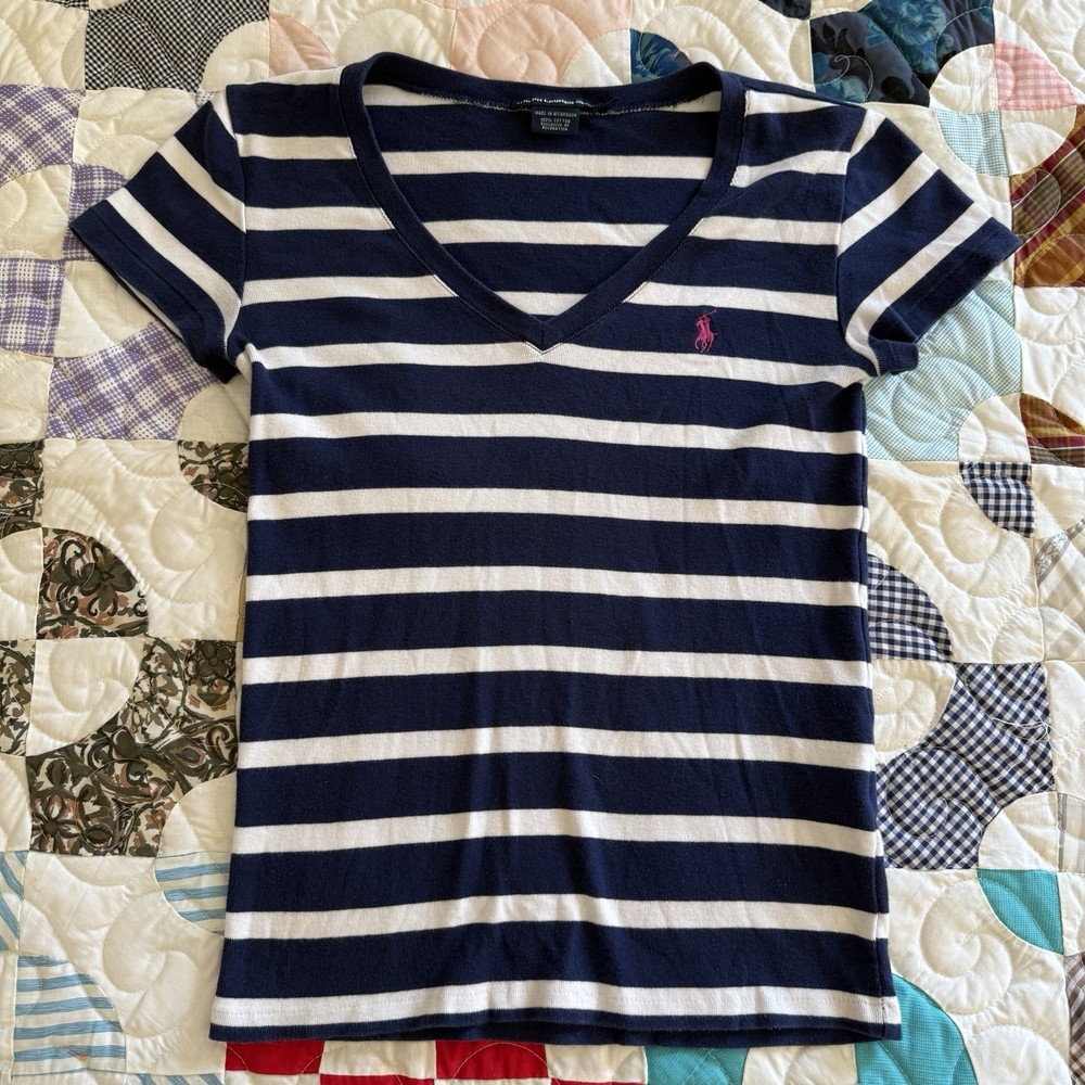 Ralph Lauren Sport Navy Blue White Striped Cotton Short Sleeve Blouse M Y2K