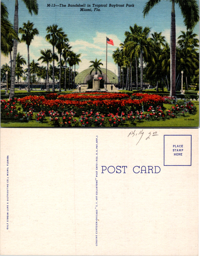 Curt Teich Miami Florida Bayfront Park Bandshell Postcard Unposted Flag Flower