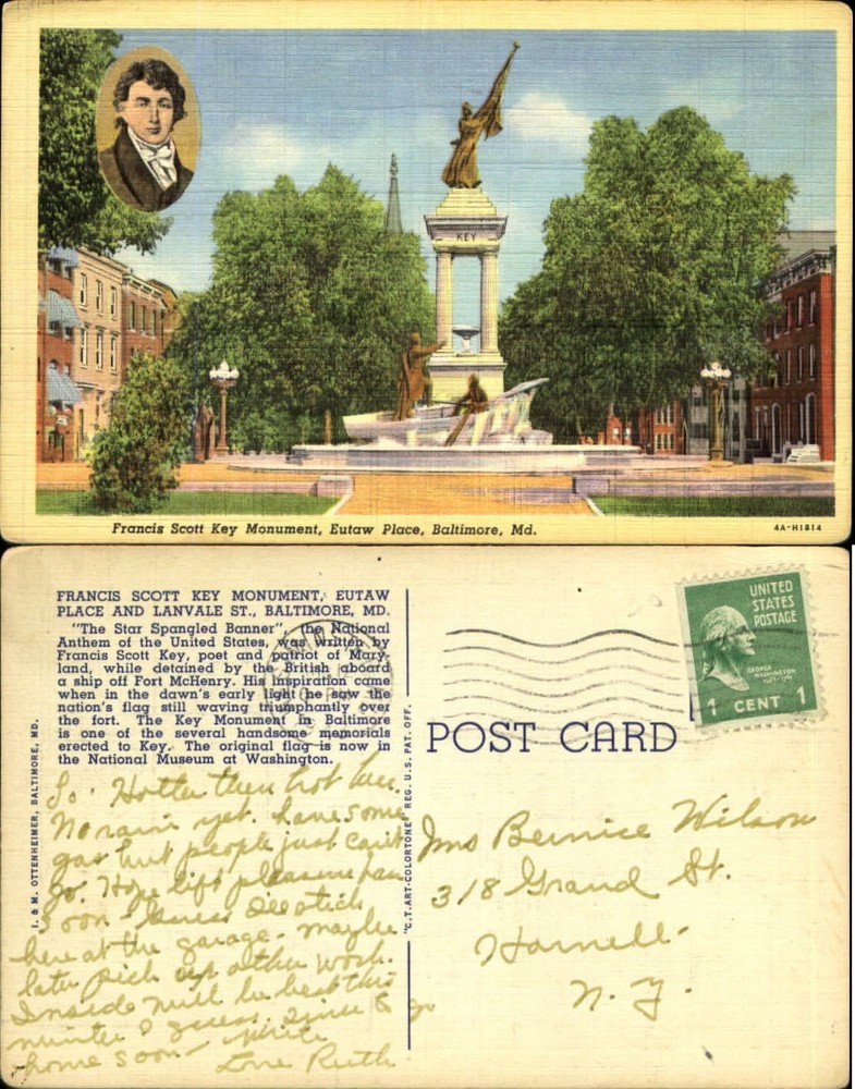 Francis Scott Key Monument Eutaw Place Baltimore Maryland MD vintage postcard