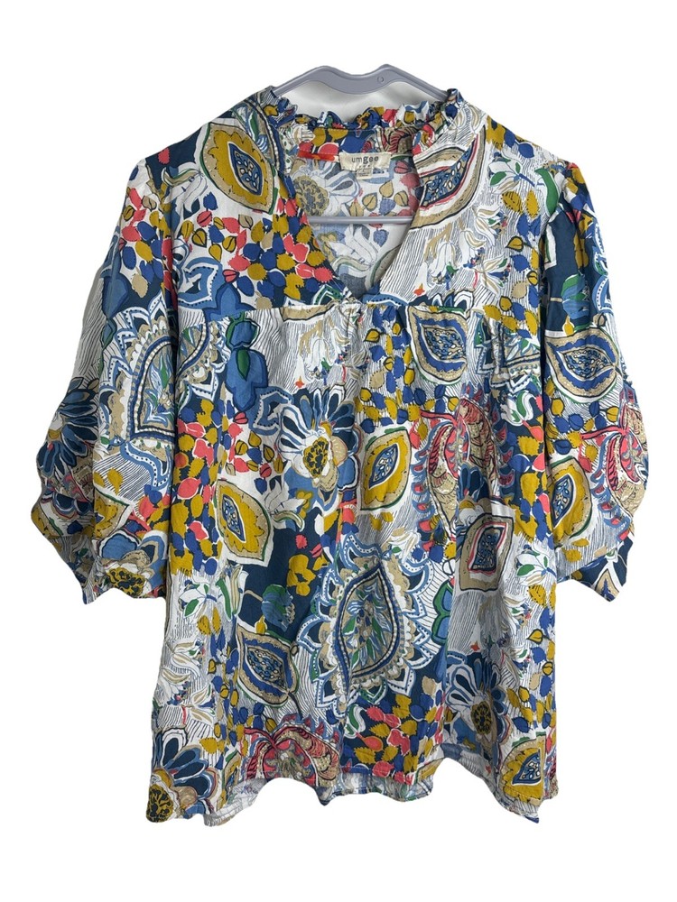 Umgee Puff Sleeve Blouse, Abstract Floral, Lightweight, Womens Size L