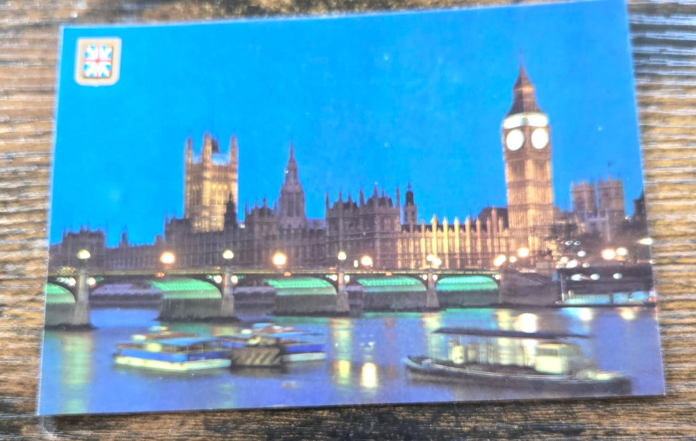 Postcard London England Big Ben Houses of Parliament River Thames By Night