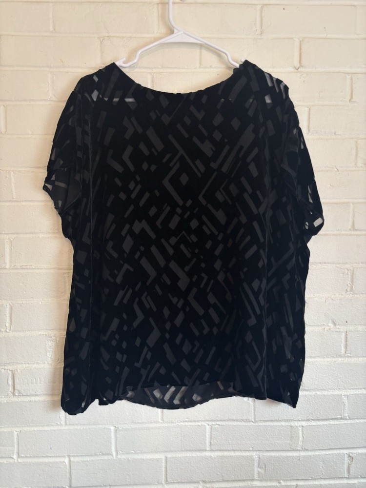 Eileen Fisher Black Silk Velvet Burnout Top Blouse Geometric Print Black Small