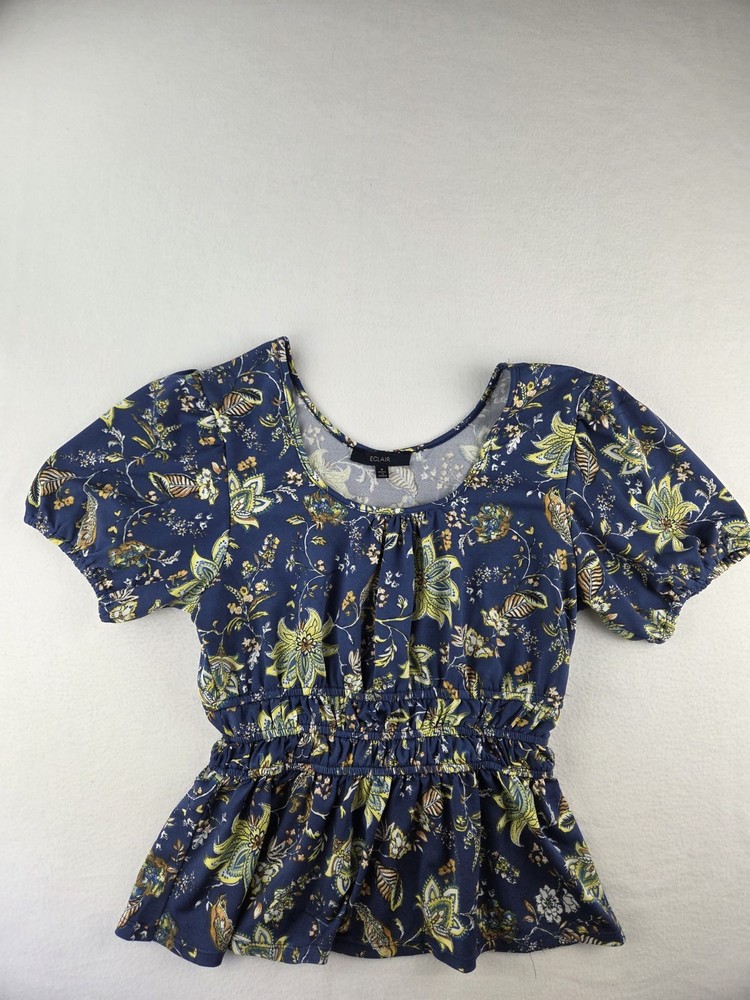 Eclair Women's Size Small Blue Floral Blouse Elastic Waist Elast Scrunch Sleeve