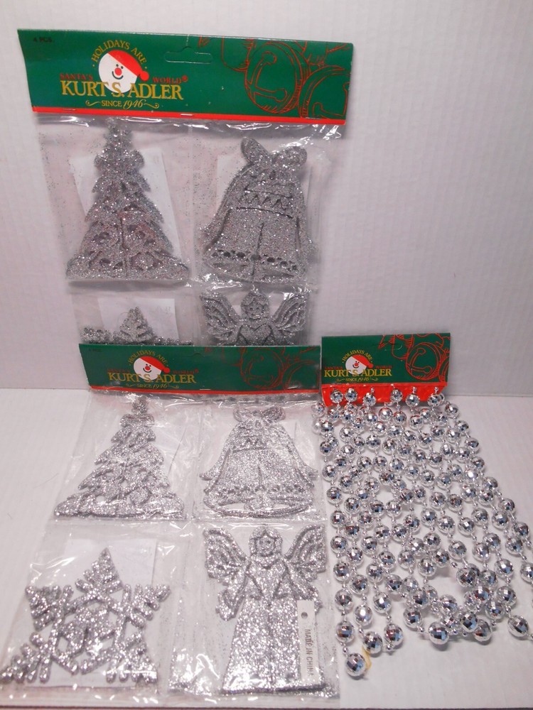 VTG 8 Kurt Adler Silver Glitter 3-D Christmas Ornament & Bead Garland Lot NEW