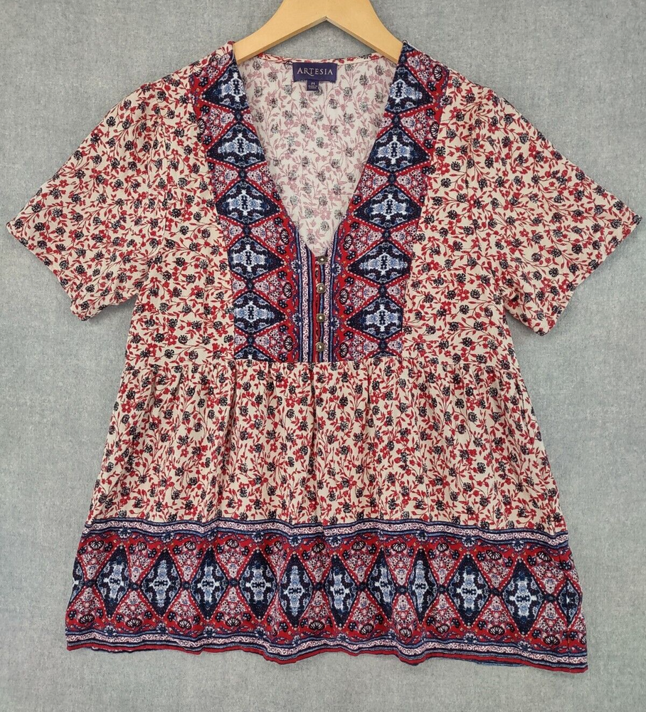 Artesia Top Womens Medium Relaxed Pleated Henley Bohemian Peasant Multicolor