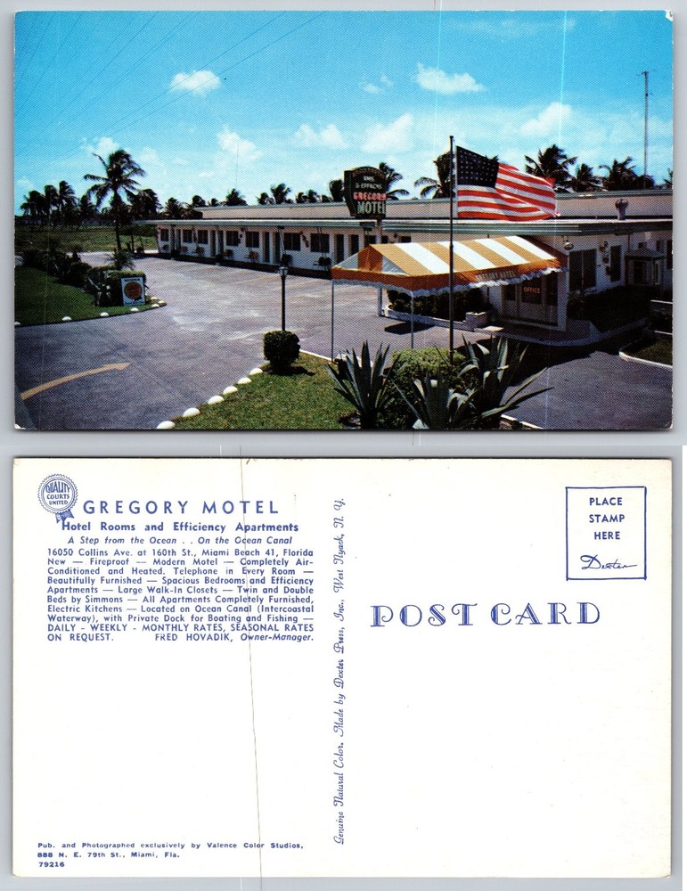 Gregory Motel Miami Beach FL Vintage Postcard 160th St Collins Ave Dexter Press