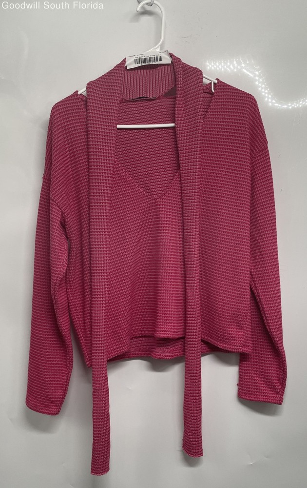 Zara Womens Pink Knitted Long Sleeve Tie V-Neck Pullover Blouse Top Size Small