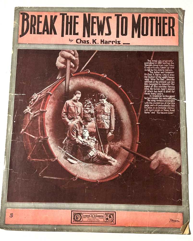 Vintage 1897 Sheet Music Song - BREAK THE NEWS TO MOTHER By Chas K Harris