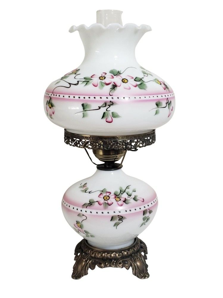 Vintage Accurate Casting Hurricane Lamp White with Pink Flowers 19