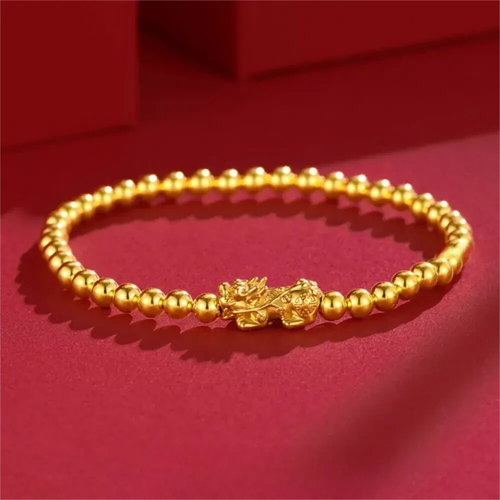 Pure 24K Yellow Gold 999 Dragon Pixiu 4mm Beads Women Bracelet Bangle 2.1-2.3g