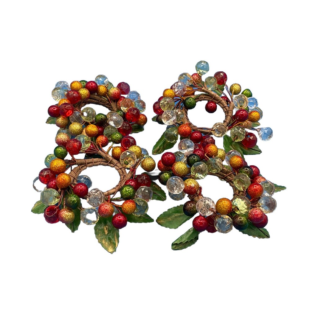 Vintage Red/Green/Gold/Clear Napkin Rings- Set Of 4- Leaves-Christmas