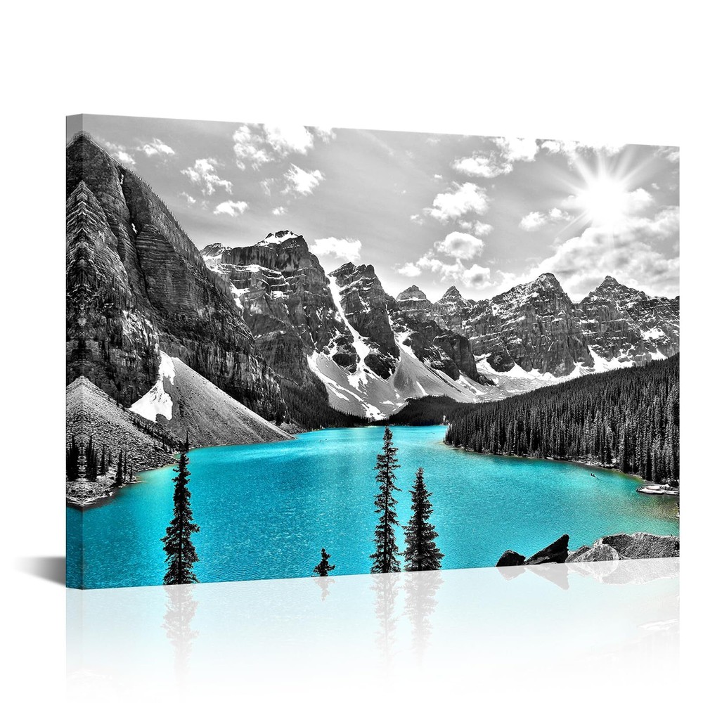 Teal Blue Moraine Lake Wall Art Sunrise Painting Black and White Canada Rocky...