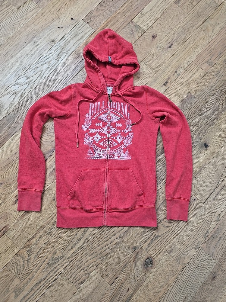 Billabong Hoodie Jacket Womens Small Red Vintage Wash Surf Skate Y2K Tribal
