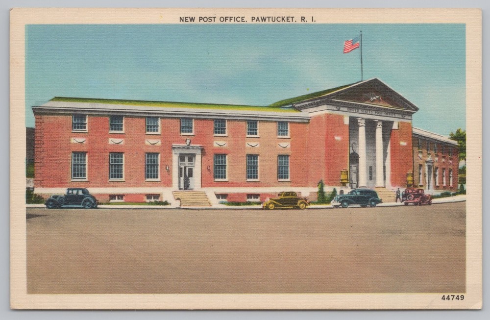Pawtucket Rhode Island~New Post Office Street View~US Flag~Vintage Postcard