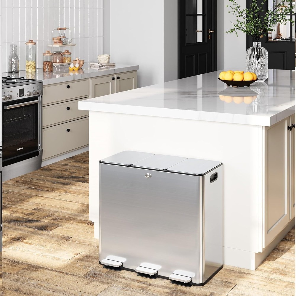 Trash Can 60L/15.9 Gal, Three Compartments Pedal Kitchen Recycling Trash Bin ...