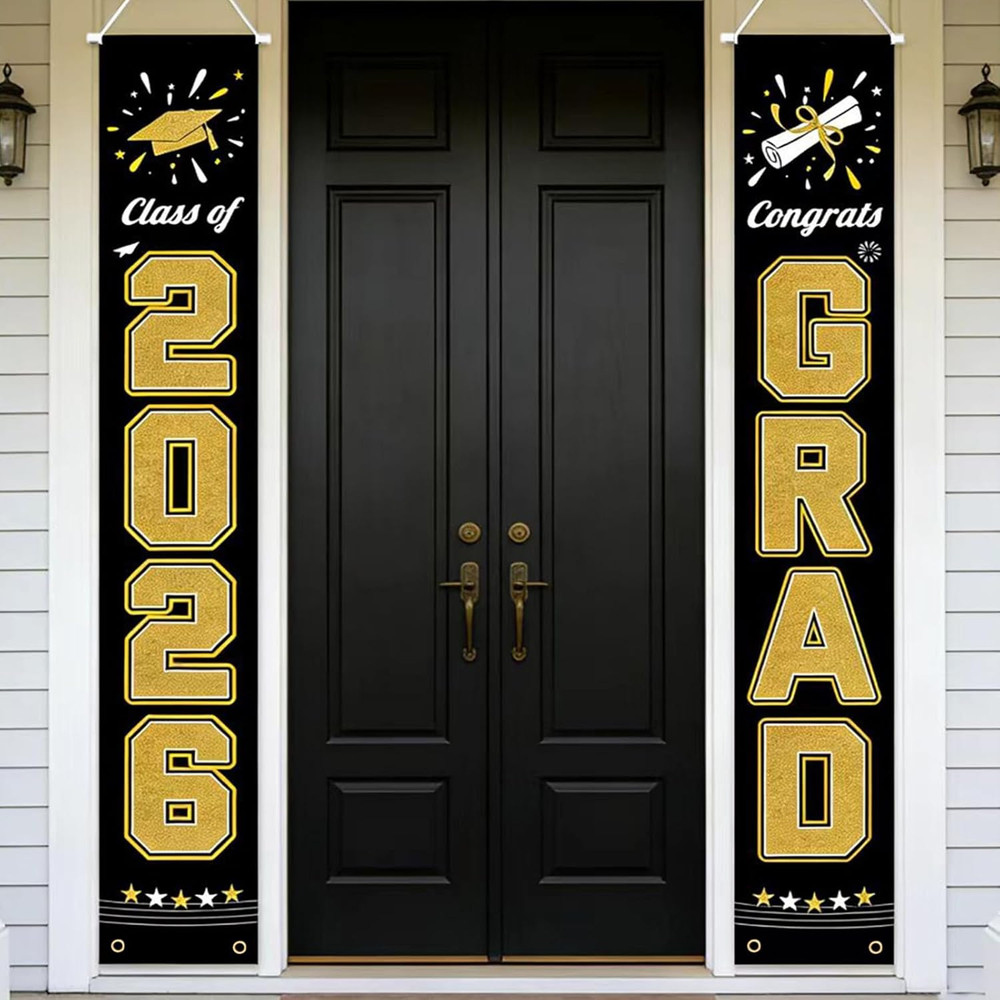 2026 Graduation Decorations GRAD Banner, Black Gold Porch Door Sign Welcome Bann