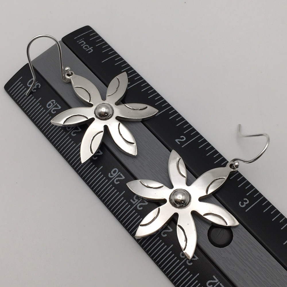 925 Sterling Silver Vintage Daisy Flower Hook Dangle Earrings Heavy! 13.9g #60