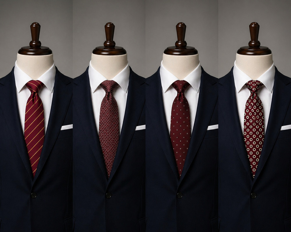 Men’s Red Burgundy Silk Tie Lot 4 Geometric Polka Stripe Classic Neckties