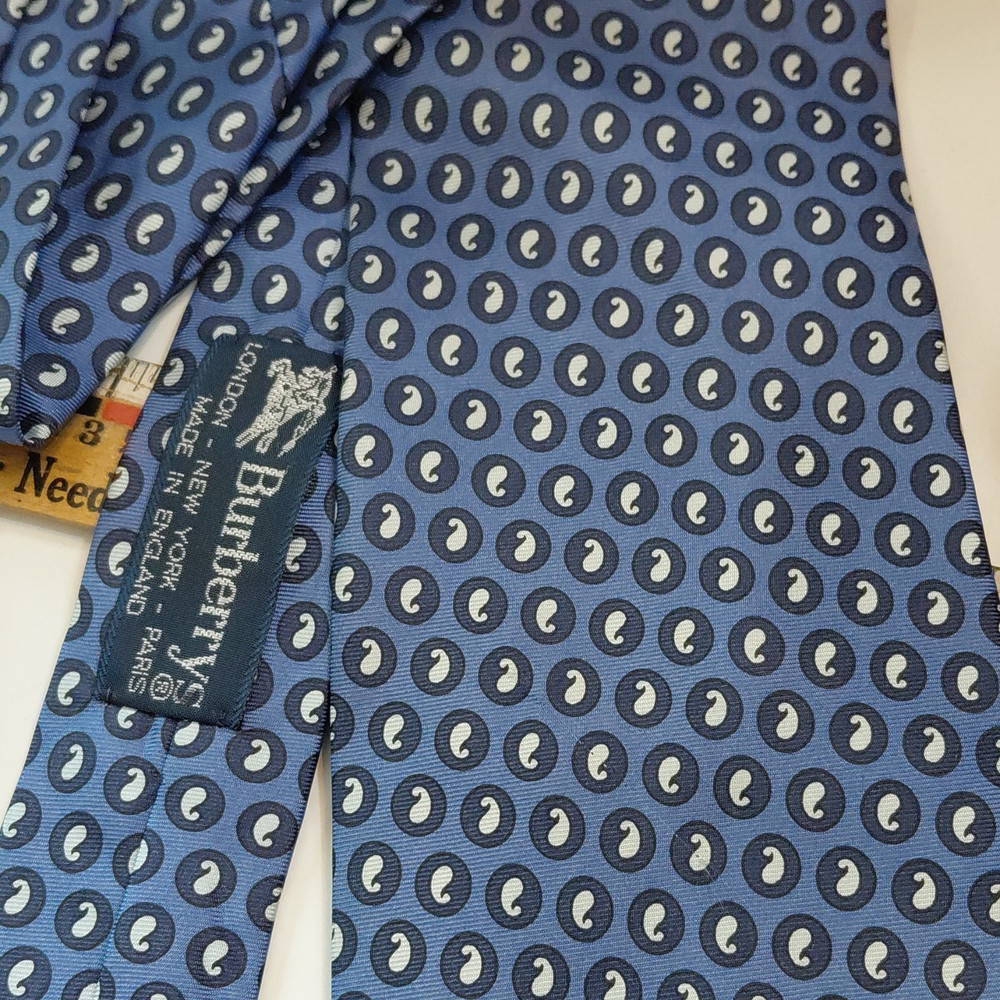 Burberrys Geometric Woven Silk Tie Blue/Black/White Logo Accent Made England