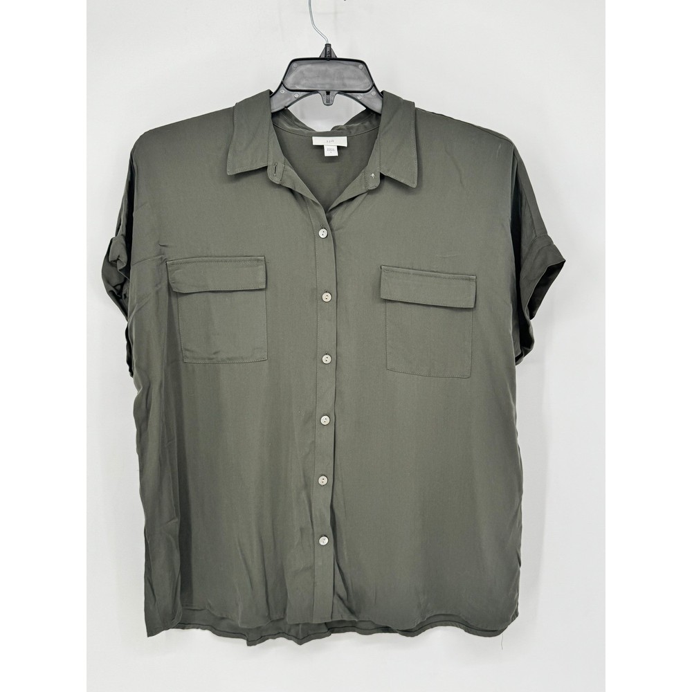 J. Jill Button Down Shirt Womens Large Olive Green Good Short Sleeve Utility