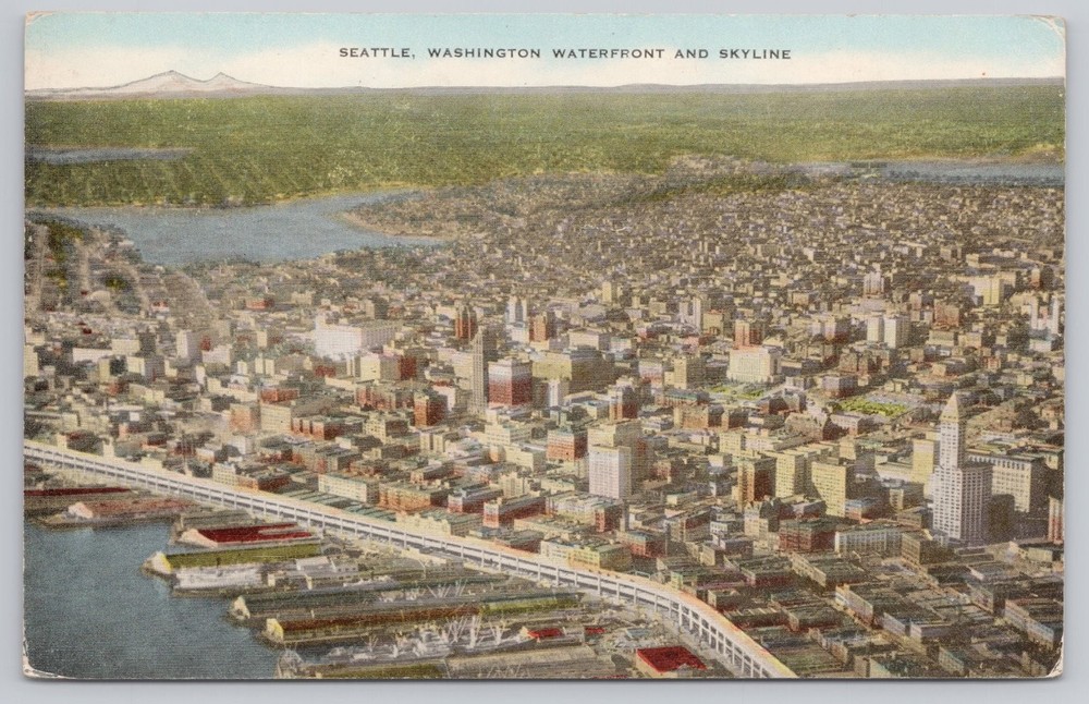 Vintage Seattle Washington Waterfront Skyline Postcard 1955 Chrome
