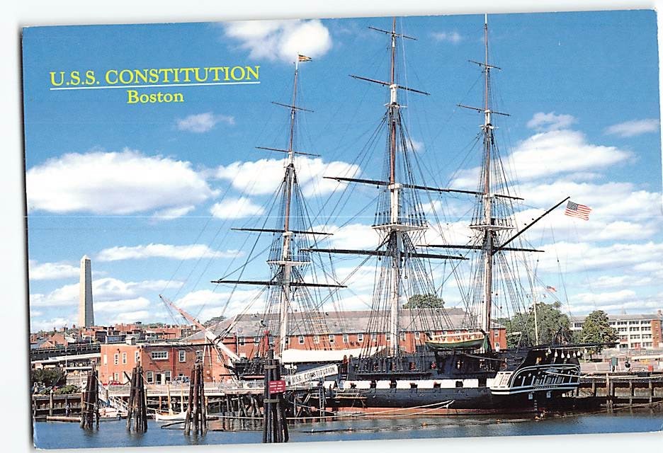 Postcard USS Constitution & Bunker Hill Monument Boston Massachusetts USA