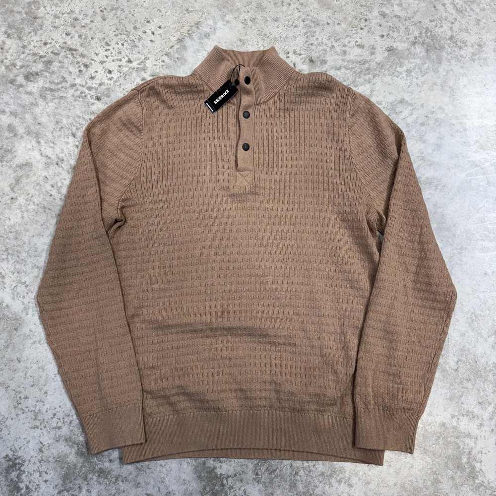 Express Sweater Mens Large Brown Waffle Knit Mock Neck Henley Pullover Cotton