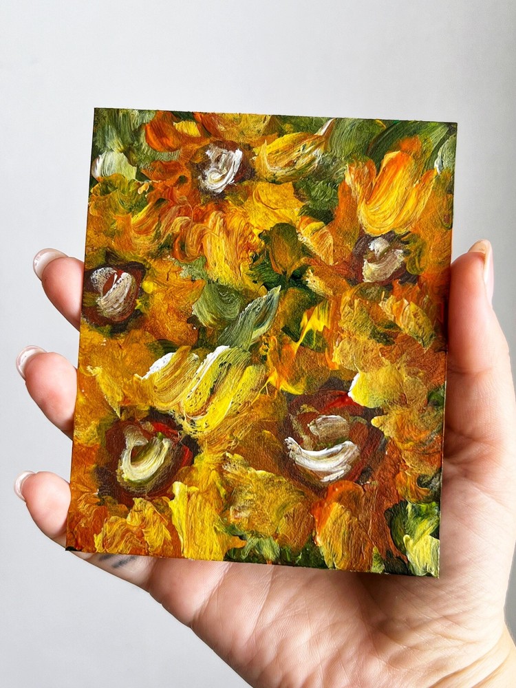 Sunflower Field Acrylic Painting Small Floral Art Yellow Flower Decor