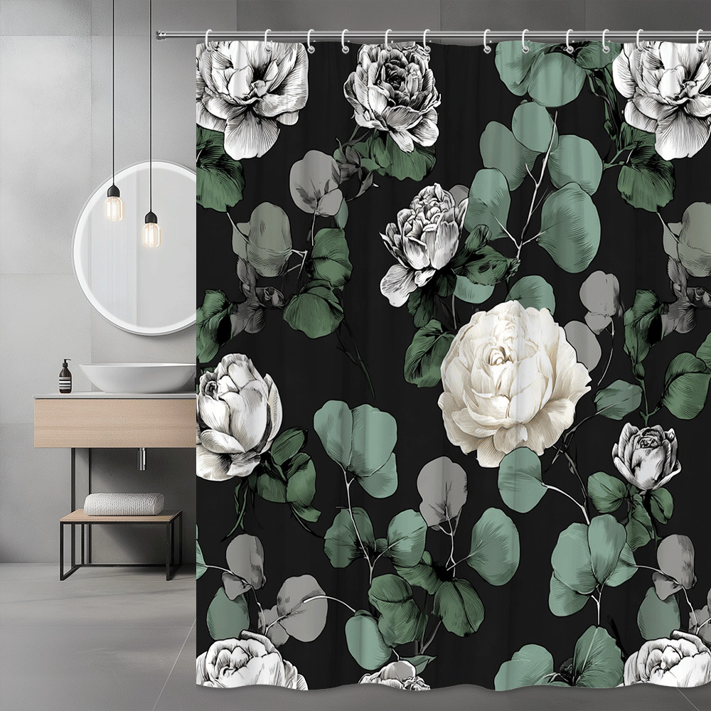 Eucalyptus Floral Shower Curtain Black White Green Print