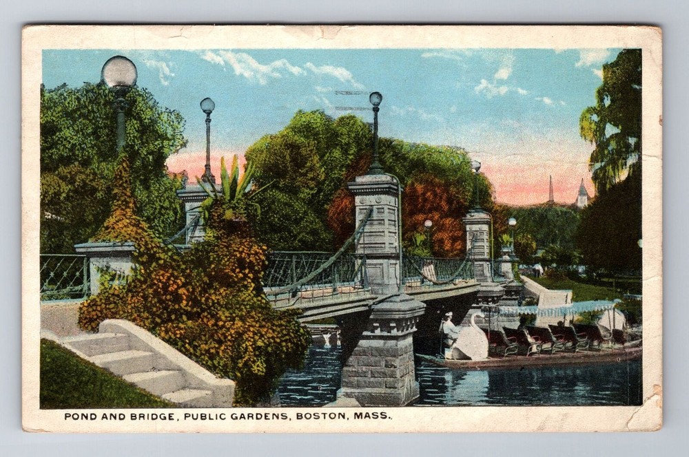 Boston MA-Massachusetts, Public Gardens Pond & Bridge, c1923 Vintage Postcard