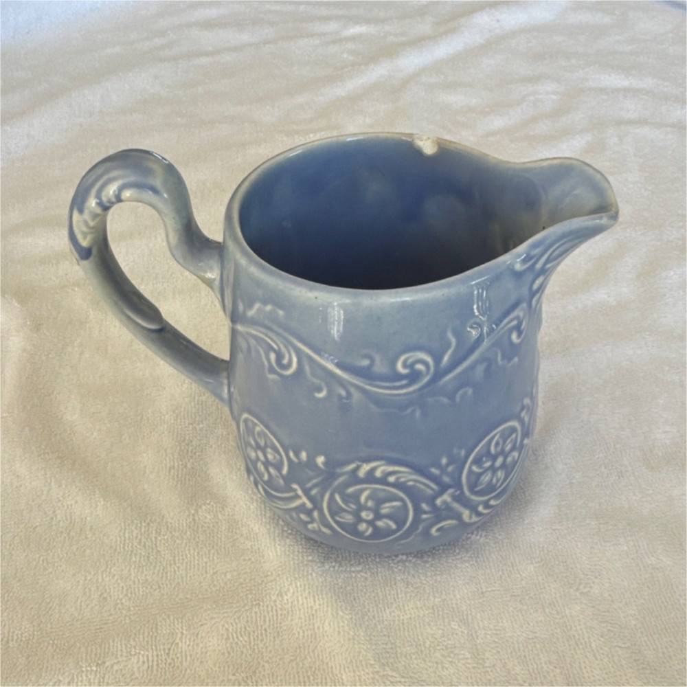 Blue White Ceramic Pitcher Glossy Decorative Floral Scroll Pattern Handle