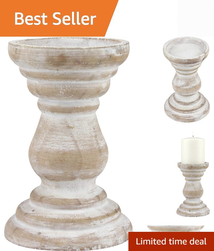 Antique White Wooden Pillar Candle Holder, Vintage Seaside Pillar Stand for D...
