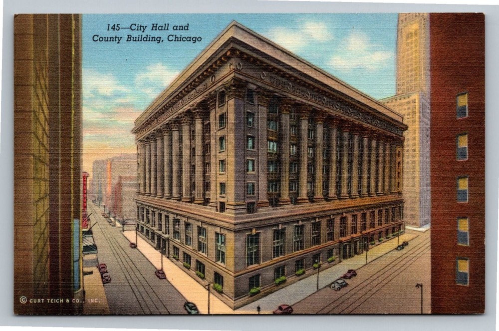 Vintage Chicago City Hall & County Building Linen Postcard Curt Teich 1930s