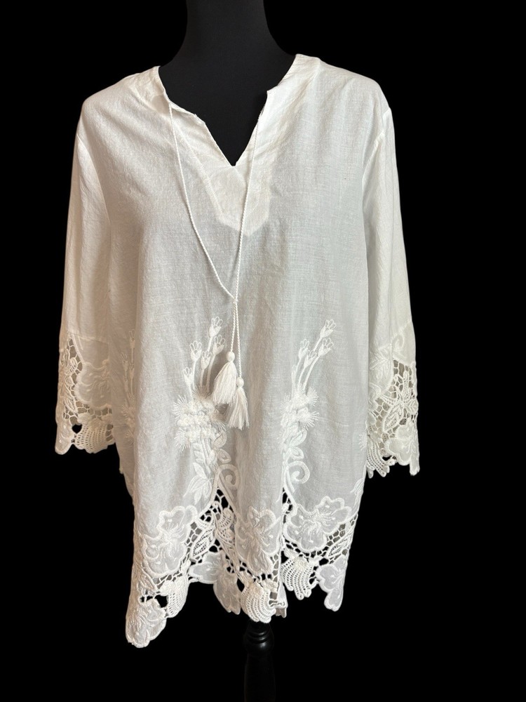 Bedford Fair Women’s Large Lace Peasant Blouse Cotton White *Minor Flaw Vntage