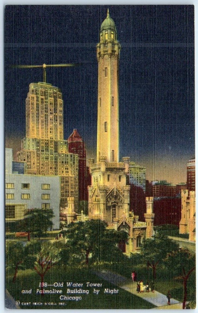Postcard - Old Water Tower & Palmolive Building by Night, Chicago, Illinois