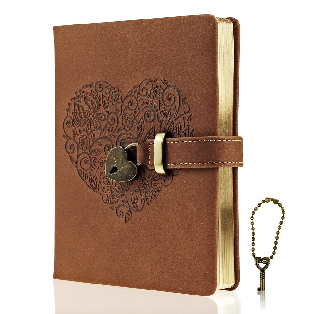 Lock Journal, Heart Shaped Locking Leather Floral Embossing Hard Cover Gold G...