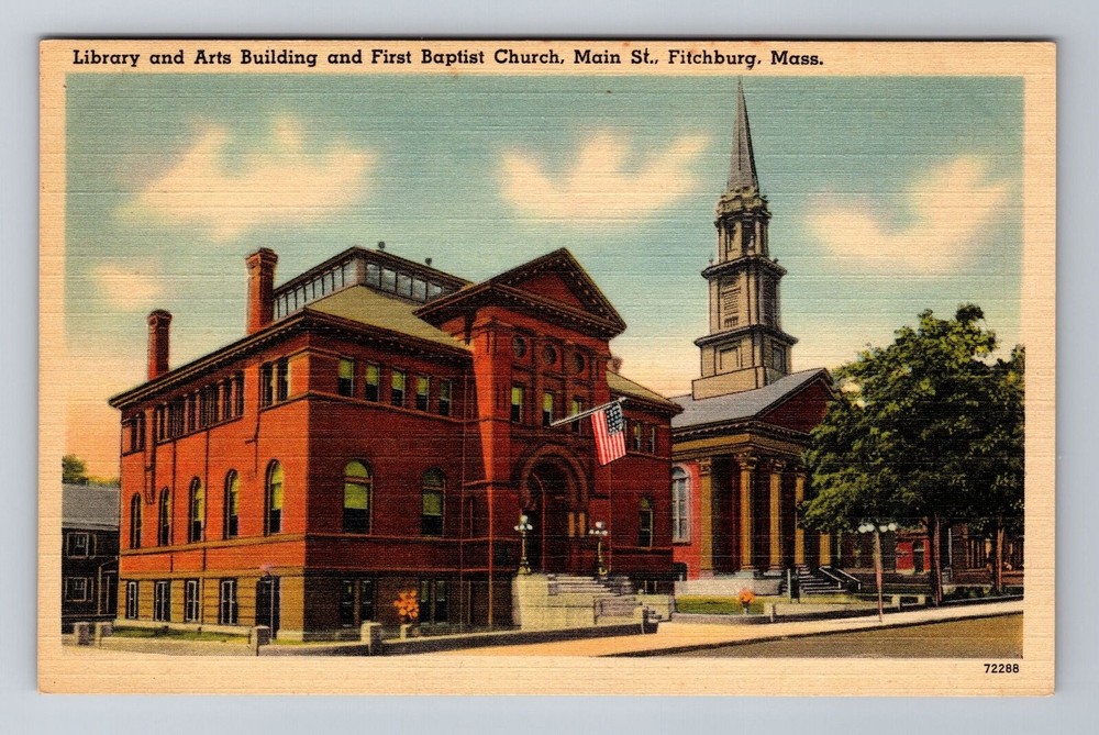 Fitchburg MA-Massachusetts, Library And Arts Building, Church, Vintage Postcard