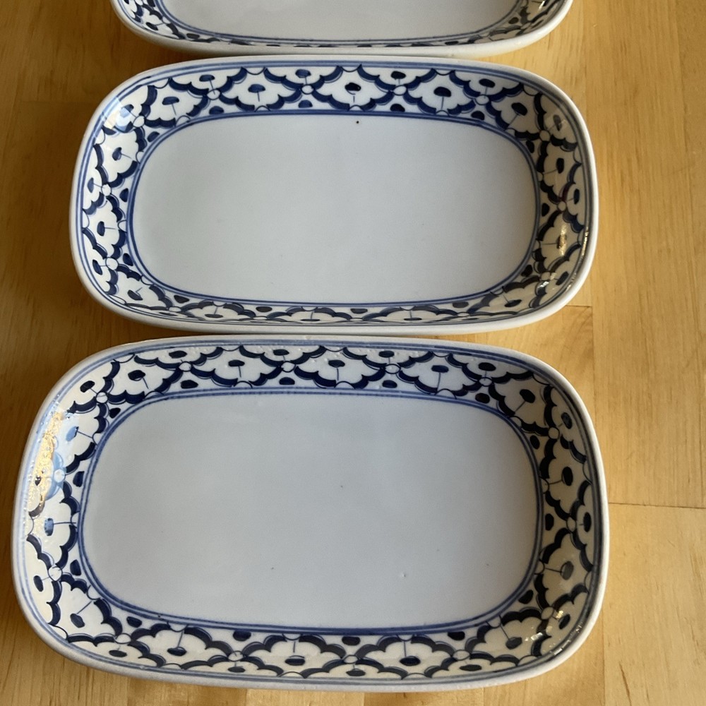 Vtg Blue & White Stoneware ? Rectangular Dipping Plates Set of 3 Thailand Rare