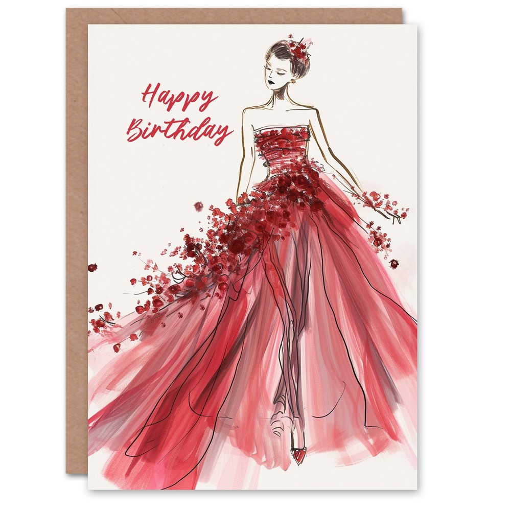 Birthday Card Couture Red Floral Dress Fashion Illustration Her Greeting Card