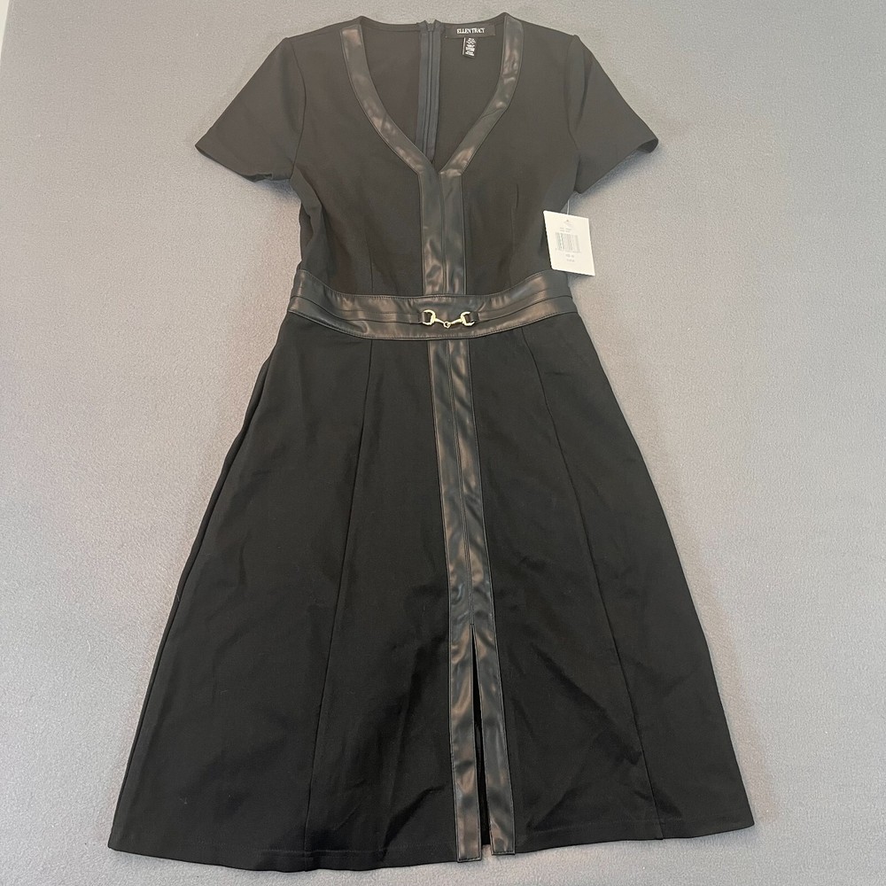 Ellen Tracy Ponte Flare Black Knee Length Dress Vegan Leather Trim Sz XS NWT