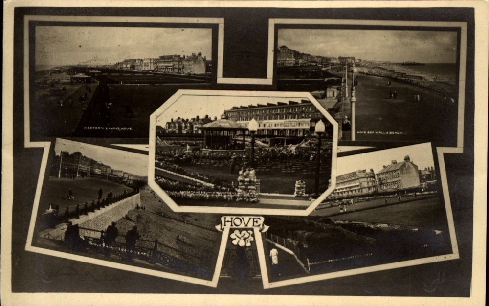HOVE East Sussex England UK~RPPC real photo~multi-view~sea wall~Western Lawns